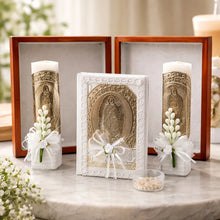 Cargar imagen en el visor de la galería, Set para Boda con Virgen de Guadalupe, Biblia Decorada, 2 Velas y Rosario, Estuche de Madera
