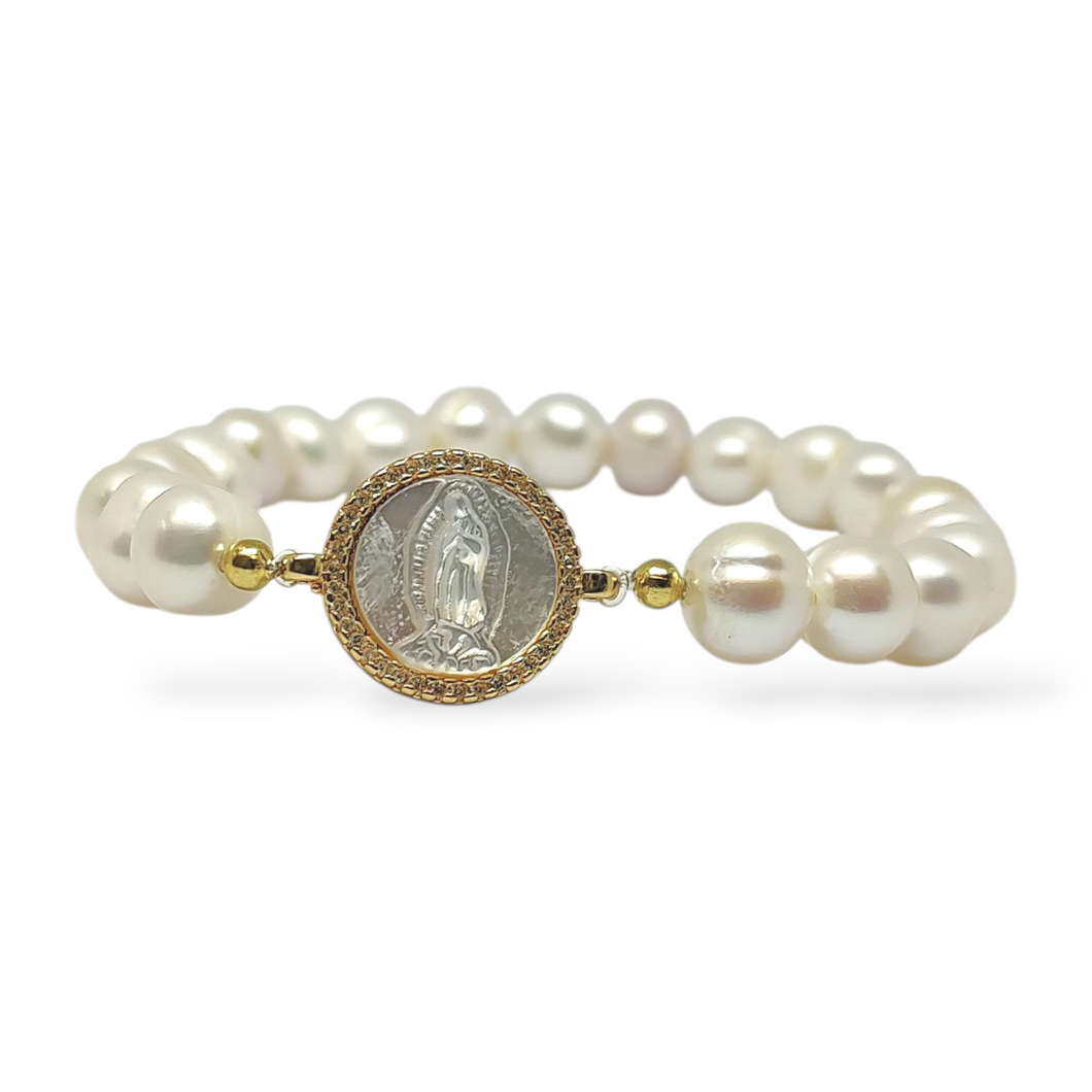 Pulsera Perlas Con Medalla Virgen De Guadalupe En Concha