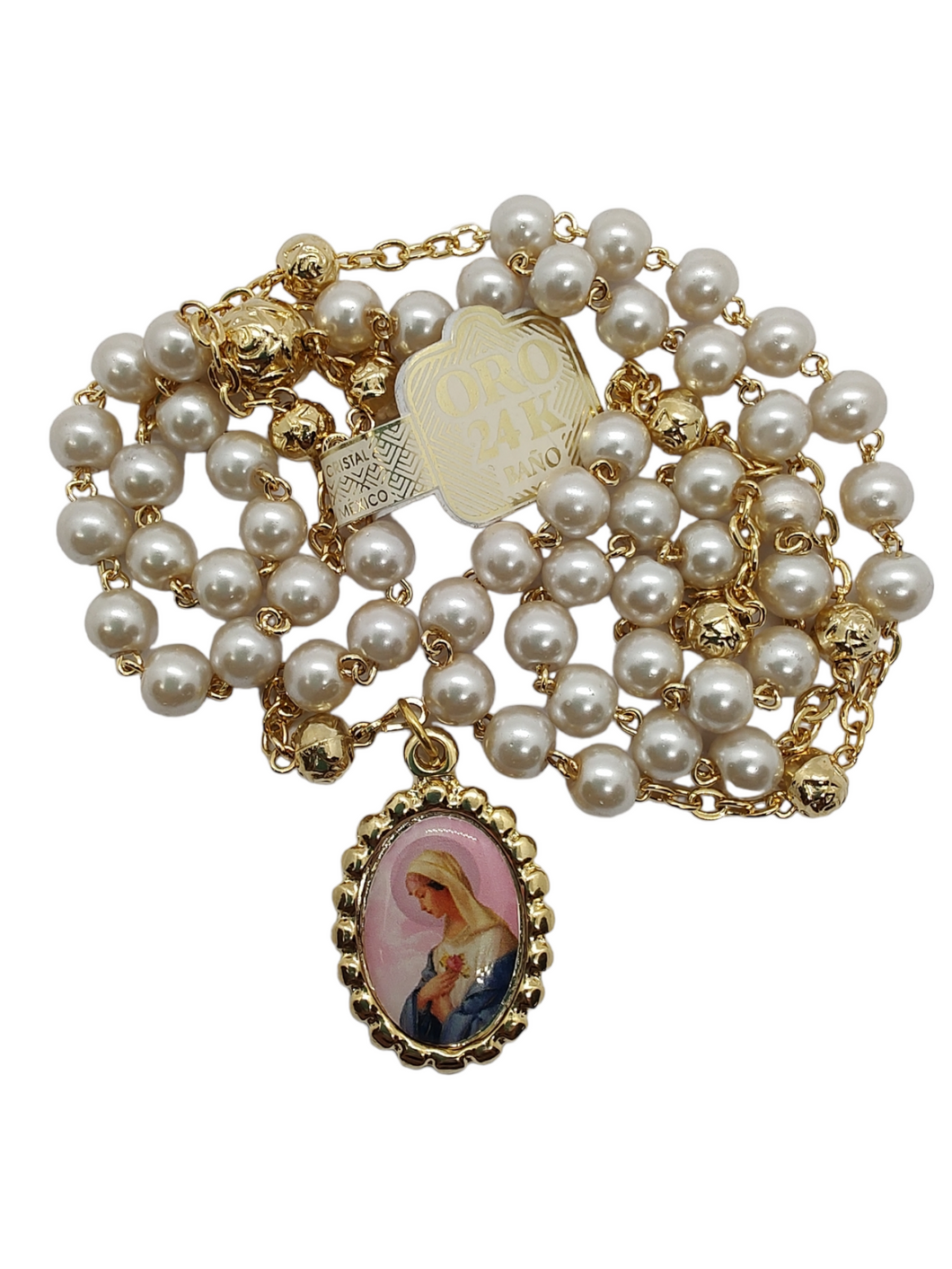 Rosario Perla Rosa Mística | Baño de oro de 24 k | Incluye caja de plástico blanca